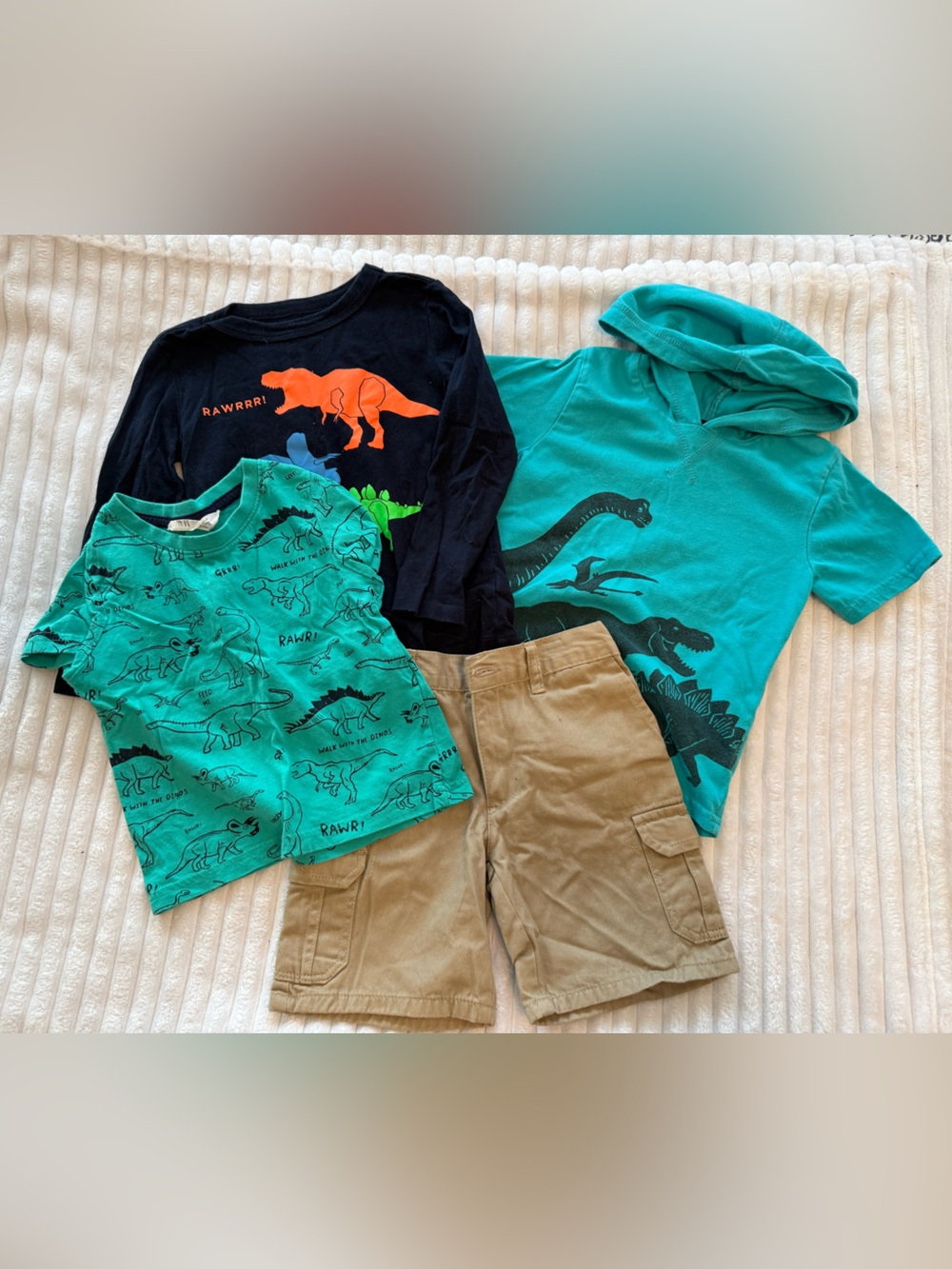 Kids Dinosaur Bundle - Three Shirt Set with Khaki Shorts - Teal & Navy